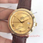 Omega Fake De Ville Gold Roman Dial Brown Leather 39mm Swiss Wristwatch